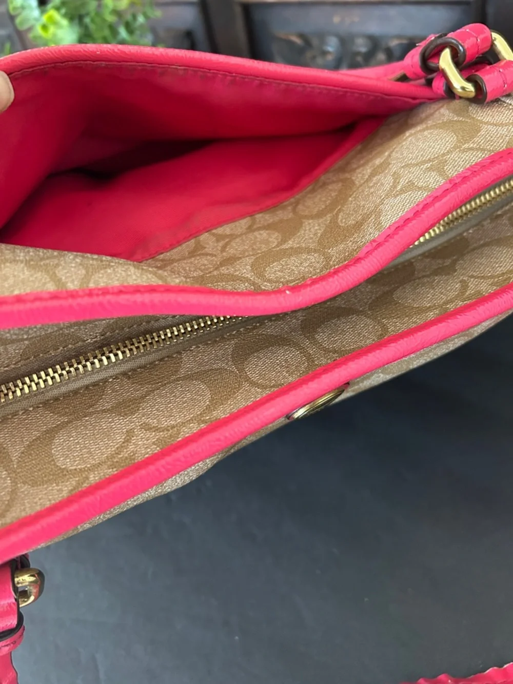 Coach Tan Signature Canvas Tote with Pink Trim and Handles